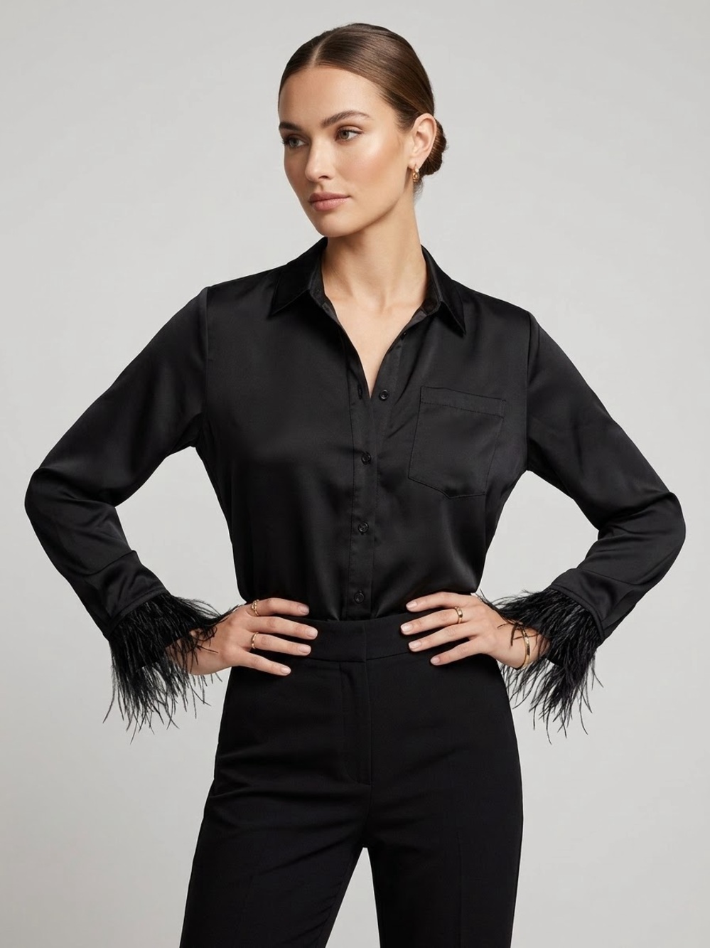 Black Satin Button-Front Blouse with Feather Cuffs